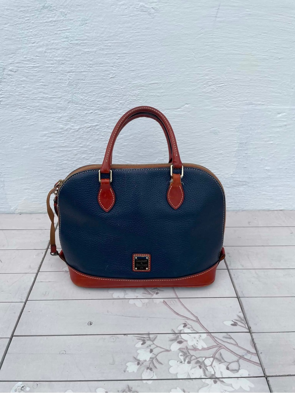 Dooney & Bourke Navy Pebble Leather Satchel with Brown Trim and Strap - Picture 1 of 14
